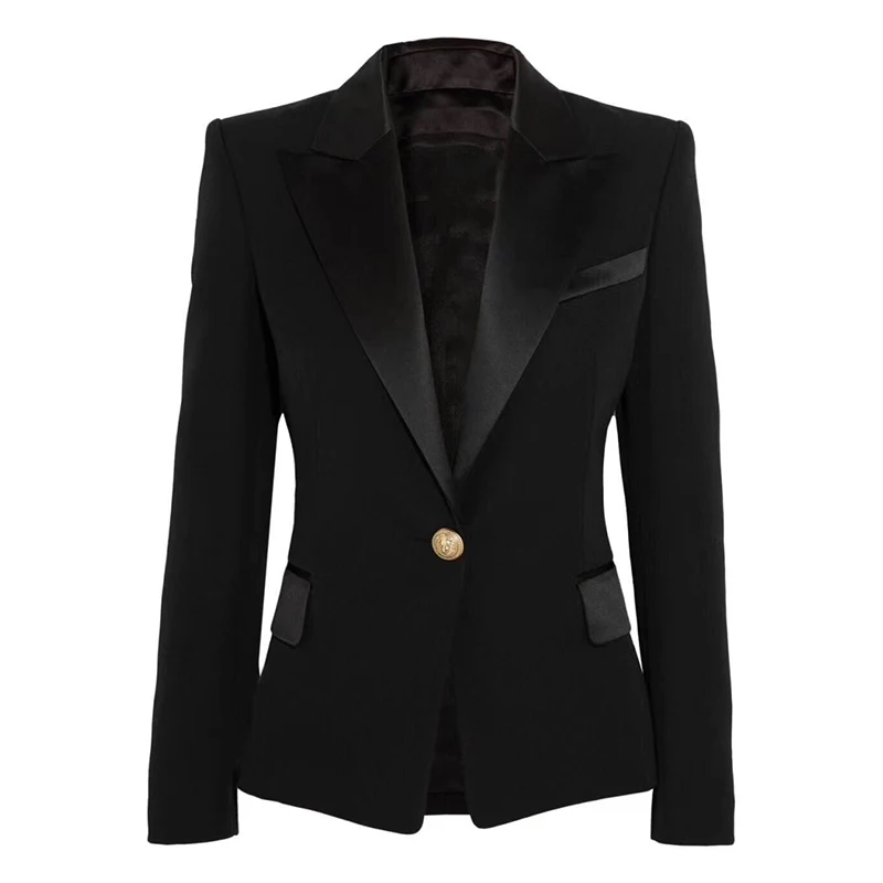 High Quality Nice Stylish Women Designer Blazer Satin Collar Lion Button Single Button Blazer Jacket