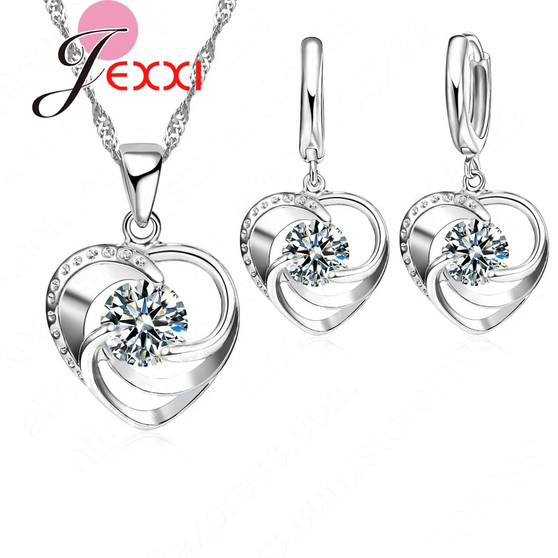 Top Quality 925 Sterling Silver Wedding Jewelry Set Necklace Earrings For Women Crystal Heart LOVE Anniversary Gift