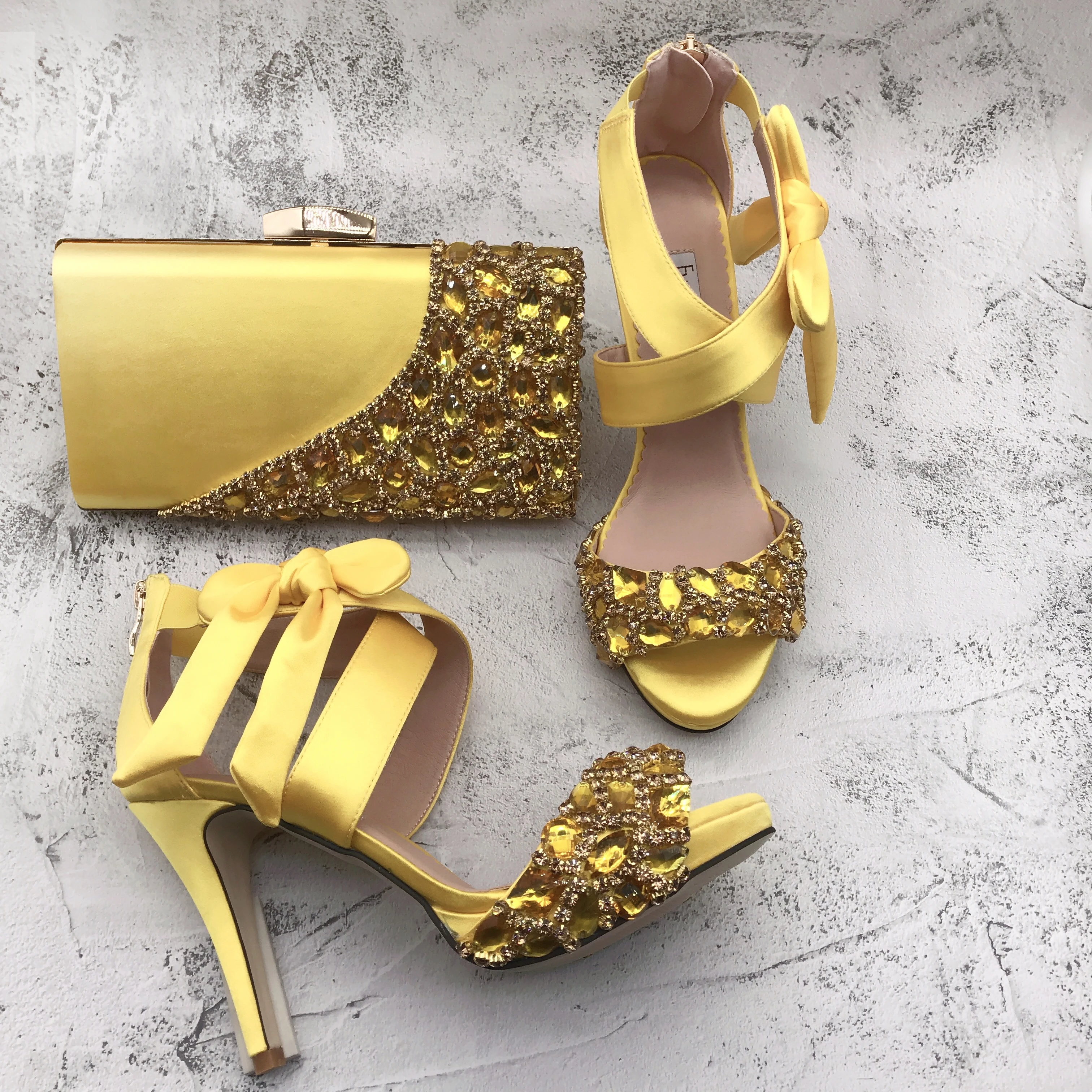 

BS1500 Customizable Various Heel Bridal Wedding Shoes Women High Heel Sandals Yellow Rhinestone Shoes with Matching Bag