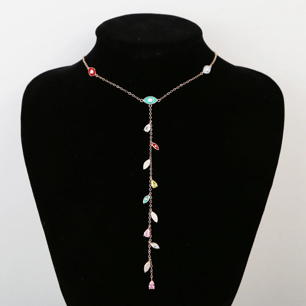 Rose Gold Silver Color Long Y Lariat Cz Evil Eye Charm Necklace Sexy Women Jewelry Colorful Cute Lovey Eye Turkish Jewelry