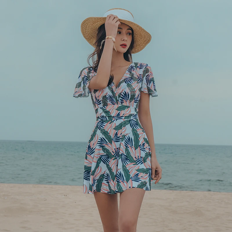 

SANQi swimsuit female conservative one-piece skirt was thin cover belly short sleeve high waist large size hot spring swimwear