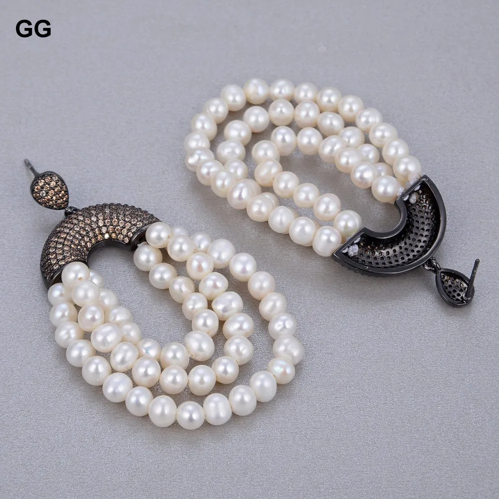 GuaiGuai Jewelry Natural White Pearl CZ Pave Post Earrings For Women