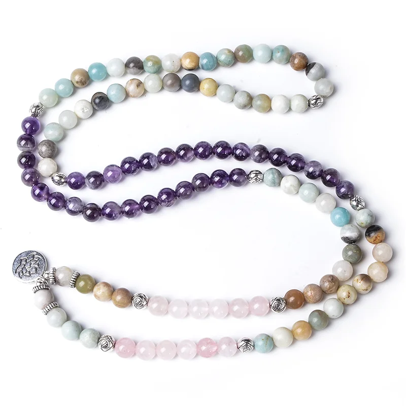 108 Mala 8mm Natural Amethyst Amazonite Rose Quartz Beaded Elastic Cord Wrap Bracelet Yoga Jewelry Men and Women Charm Bangle