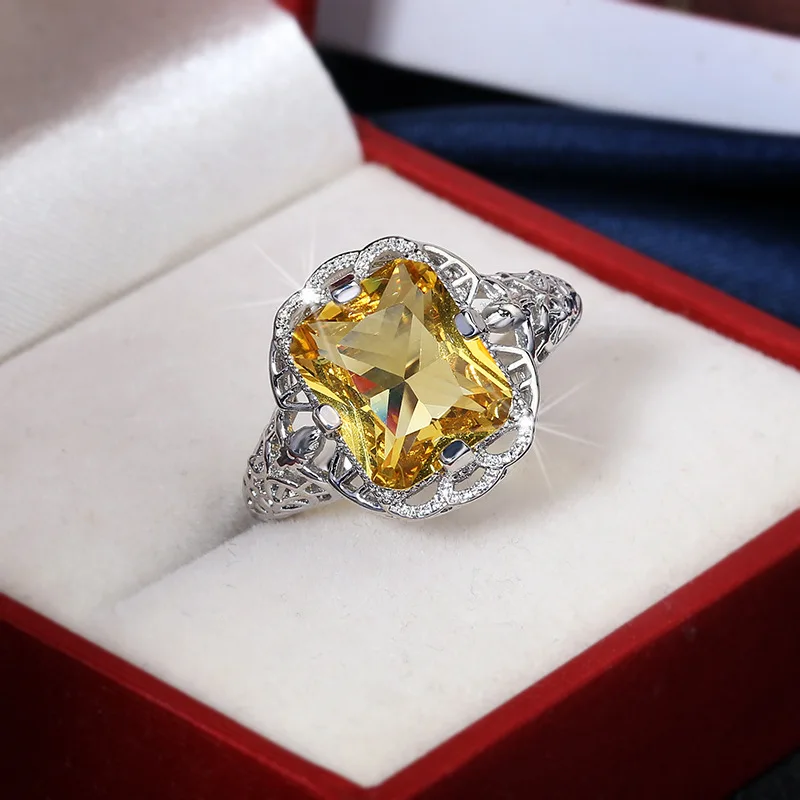 Ladies 925 sterling silver high-grade moissanite citrine hollow wedding engagement ring high-end jewelry luxury ladies ring