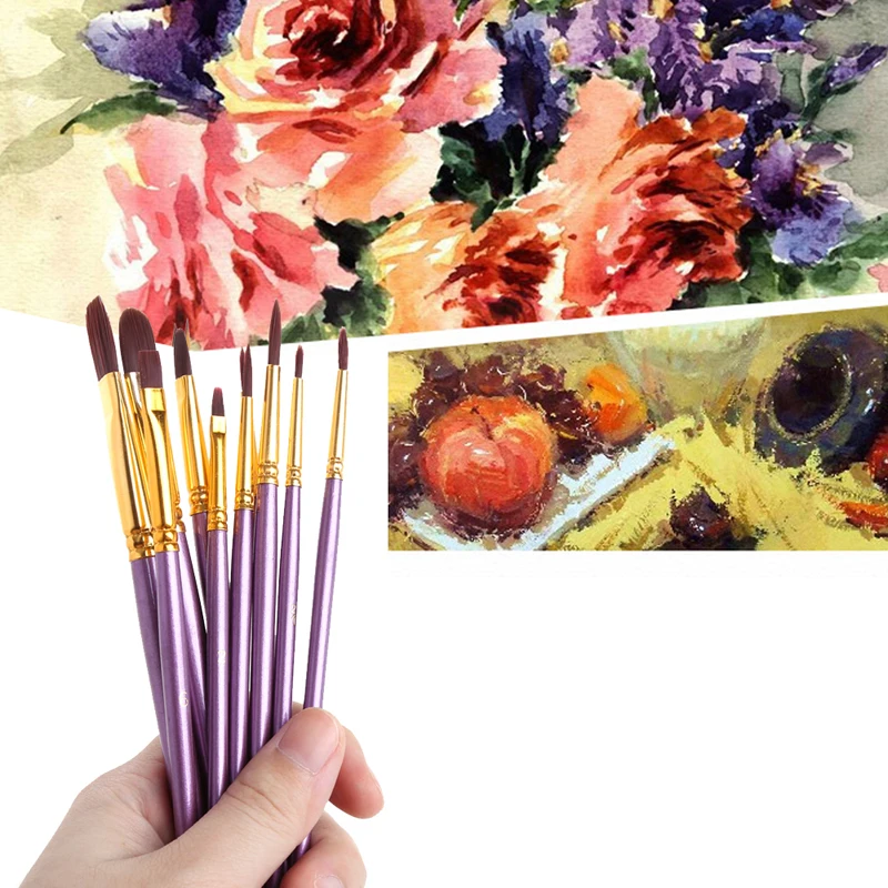 10Pcs Artist Paint Brush Set Nylon Hair Watercolor Acrylic Oil Painting Drawing L4MB