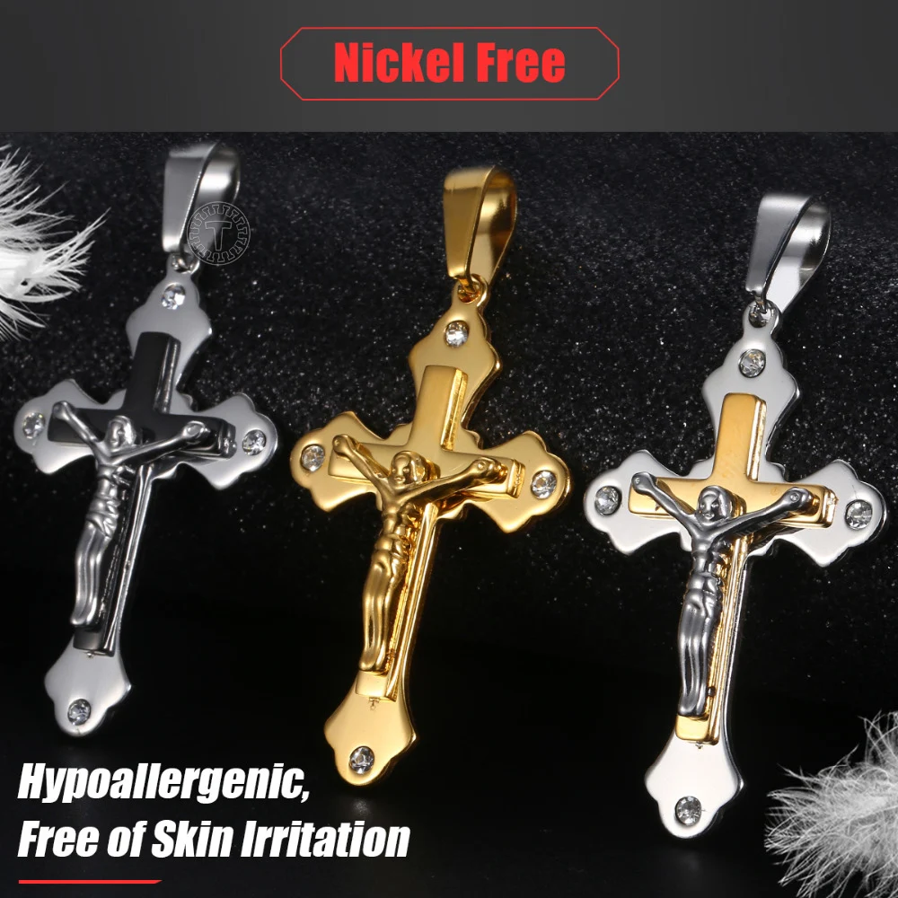 Davieslee Jesus Christ Cross Pendant for Men Gold Black Silver Color Mens Pendants Stainless Steel Paved Clear CZ Gifts LKPP3