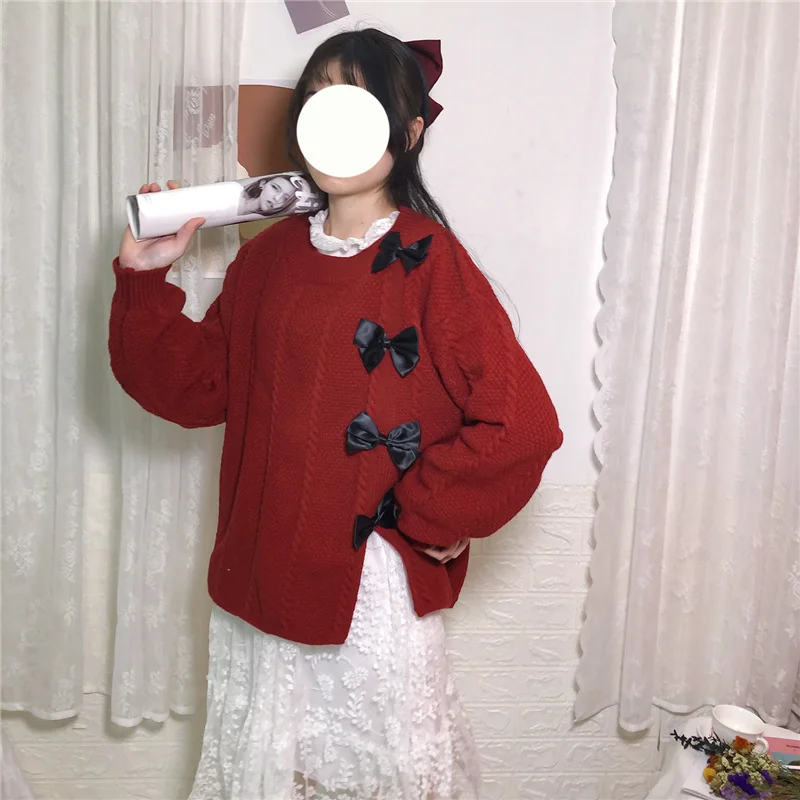 Korean Fashion Women Knitted Sweater 2021 Lolita Kawaii Vintage Jumper Female Cute Bow Red Pullovers Long Sleeve White Knitwear