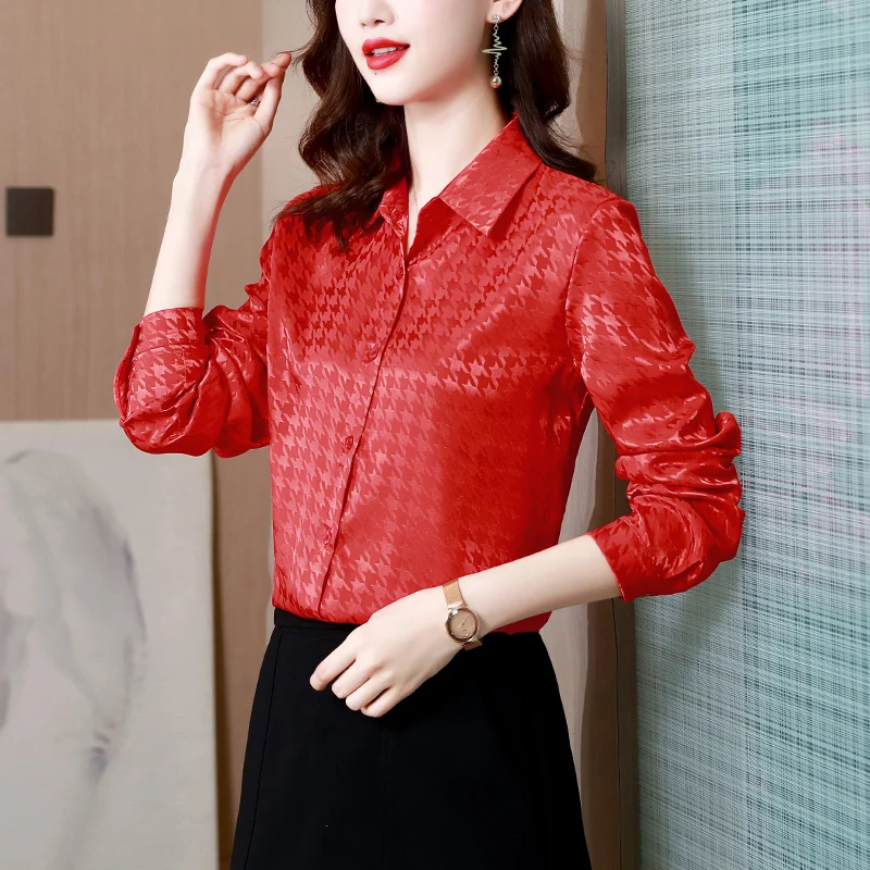 Fashion Party Houndstooth Satin Silk Shirt Women\'s Plaid Blouse Elegant Office Ladies Work Shirt Spring Autumn Long Sleeve Tops