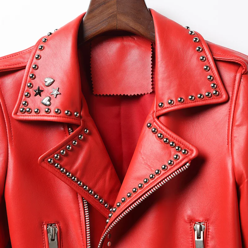 Women's Genuine Leather Jacket Real Sheepskin Coat Short Red Biker Motorcycle Jacket Spring Autumn Coats LL88876 KJ3716