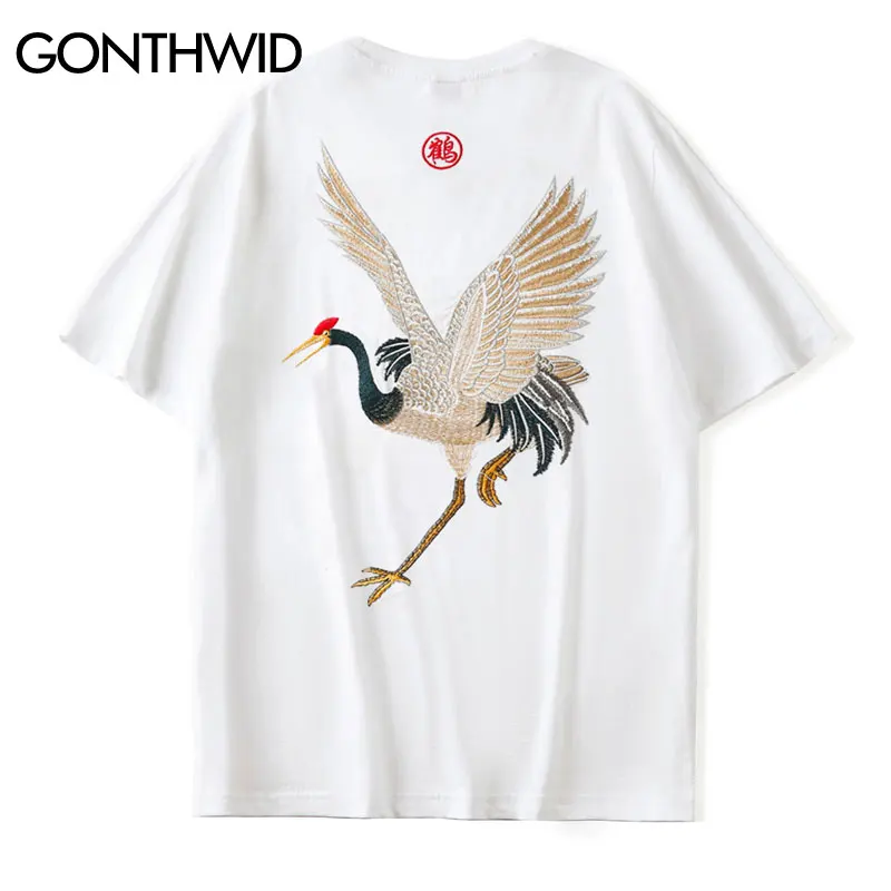 GONTHWID Harajuku Embroidery Crane Tees Shirts Mens 2024 Hip Hop Streetwear Tshirts Summer Fashion Casual Short Sleeve Tops Male