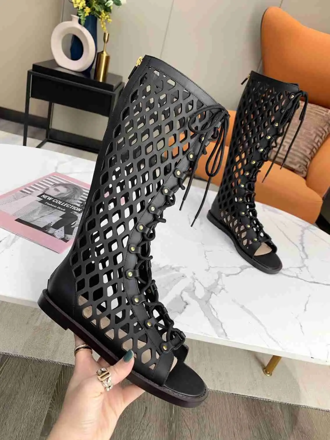 

Chaussures femme black summer leather sexy boots hollow rome Knee high booties peep toe lace up sandals luxury brand flats