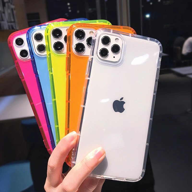 Fluorescent Color Transparent Phone Case For iPhone 11 12 13 14 15 16 Pro Max X XS XR 7 8 Plus Clear Silicone Shockproof Cover