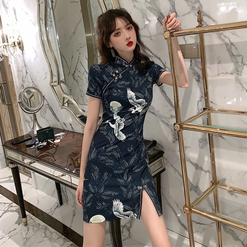 2021 Chinese Dress for Women Elegant Vintage Print Crane Qipao Dress Vestidos Sexy Party Wedding Split Cheongsam Dresses Quipao