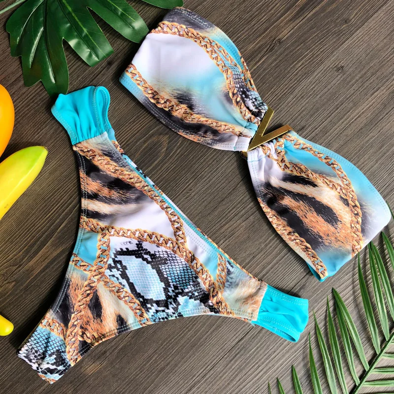 Bandeau swimwear V print two piece swimsuit female bathers Summer  women swimming suits 2020 new sexy swimsuit separate bikini