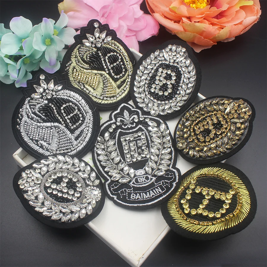 3D Handmade Rhinestone Beaded Patches letter B Round Badges epaulettes Sew on Crystal beading Applique Patches for clothing cool