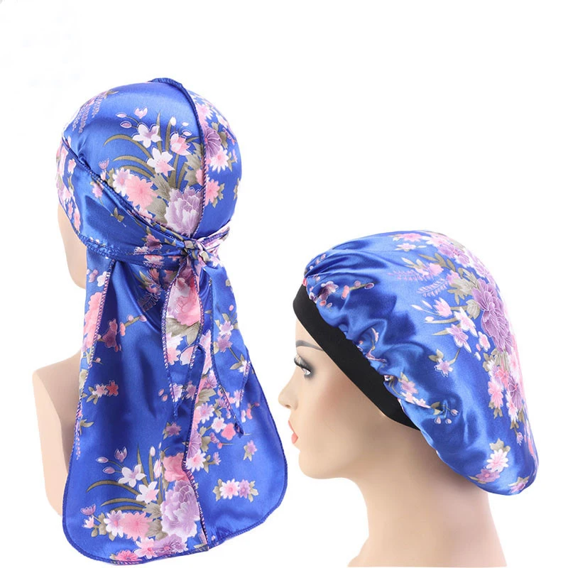 2 Pcs Unisex Durags Bonnet Set Hiphop Du-rag Long Tail Pirate Cap Night Sleep Hat Du Doo Rag Turban Headwear Floral Head Wrap