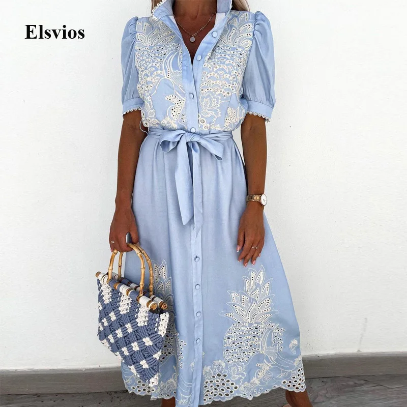 2021 Summer Puff Sleeve Lace Party Dress Sexy Hollow Out Patchwork Embroidery Long Dress Elegant Women Tie-Up Belted Shirt Dress