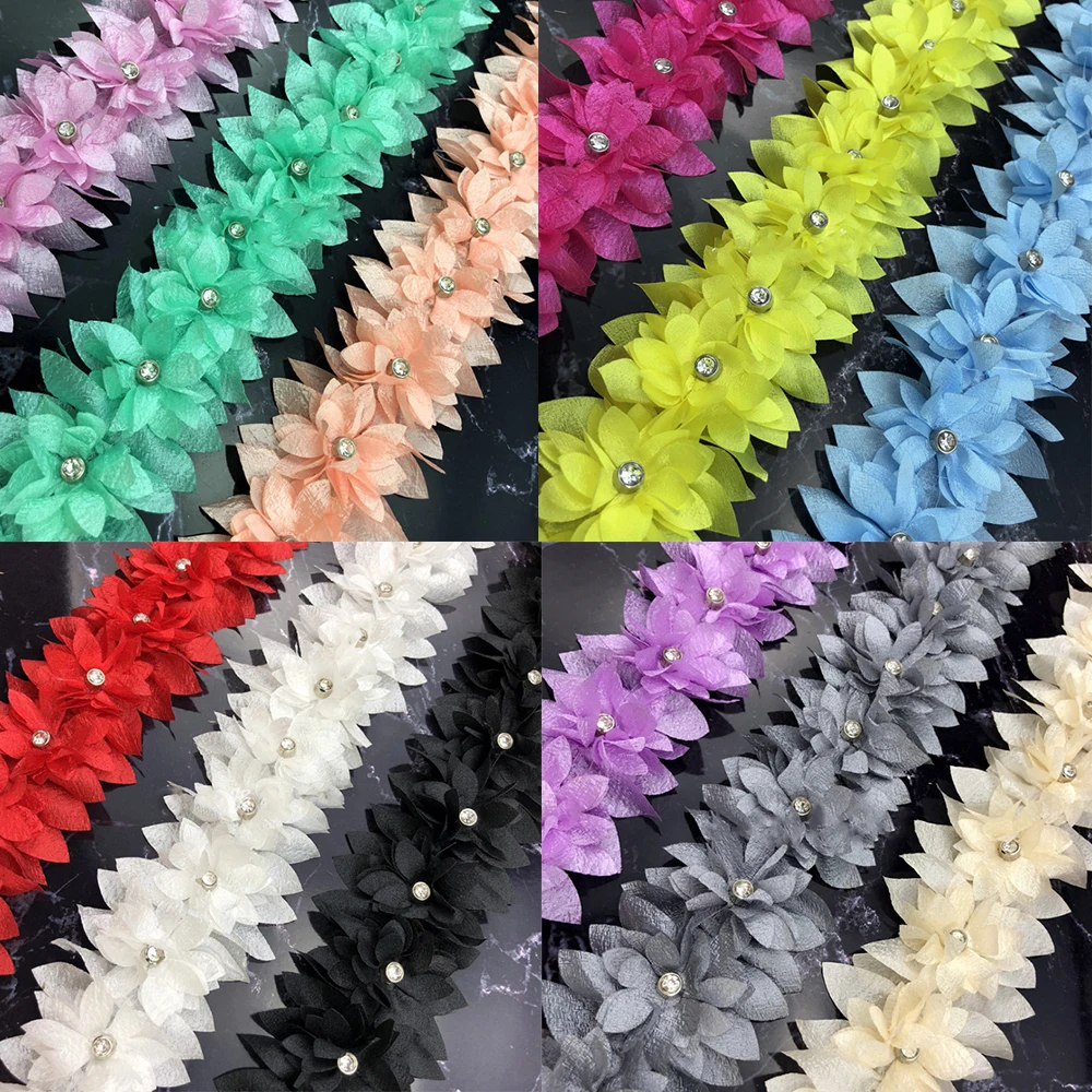 1 yard Colorful Pearl Diamond 3D Flower Embroidered Lace Trim Ribbon Fabric Sewing Craft For Costume Wedding Dress Decoration