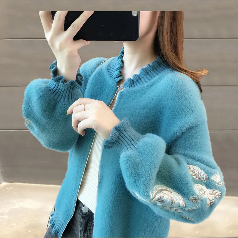 Solid Autumn Women's Cardigans Lantern Sleeve Female Knit Sweater with Zipper Ruffles Collar Casual Ladies Cardigan for Outwear