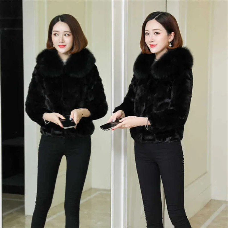 High Quality Women\'s Faux Fox Fur Collar Fur Coat Winter Slim Short 2021 New Female Pocket Imitate Mink Fur Jacke Black Elegant