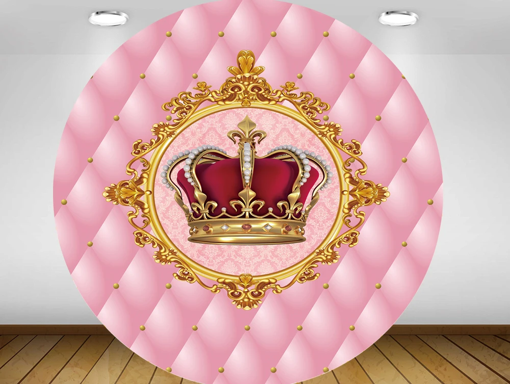 Round Panel Circle Background Royal Princess Prince Blue Pink Girl Boy Gold Crown Birthday Party Decor Baby Shower Polyester