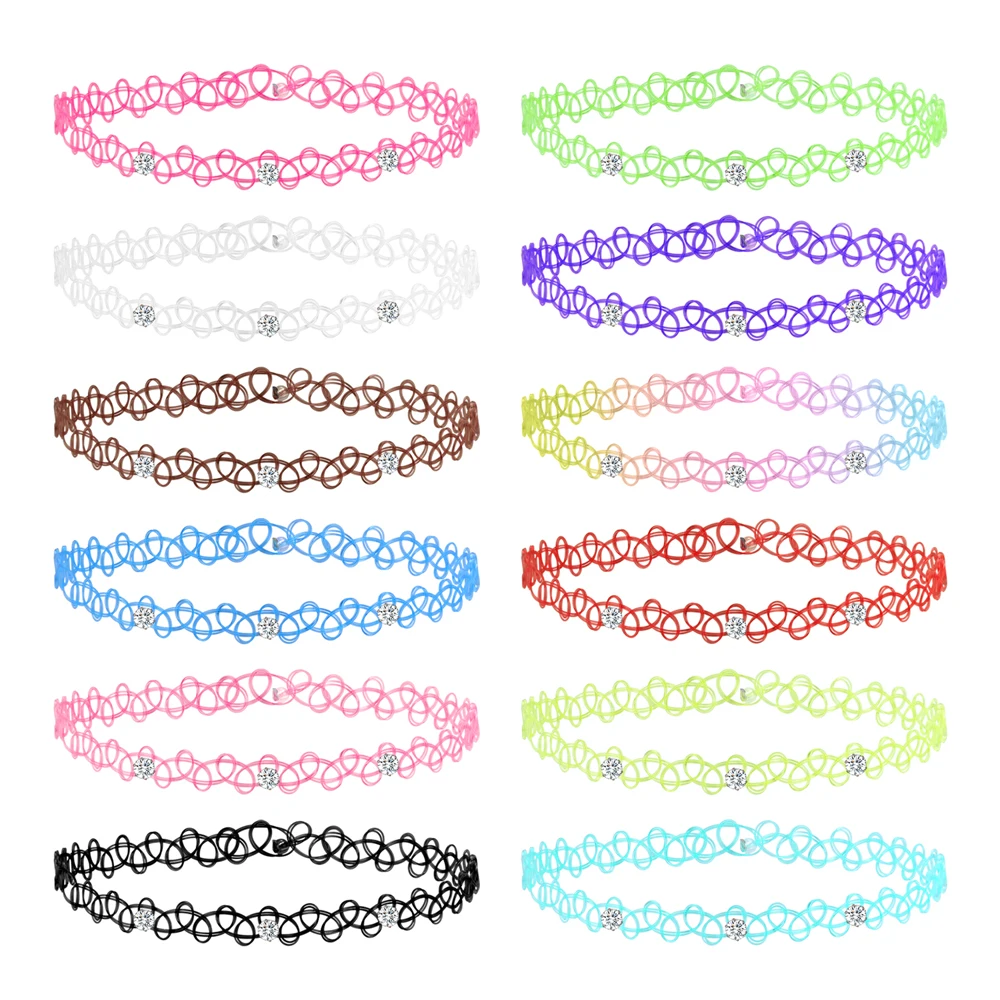 ZS 12 Stück Vintage Stretch Halsband Halskette Dame Mädchen Tattoo Halsband Halskette Punk Retro Gothic Elastische Halsketten für Frauen