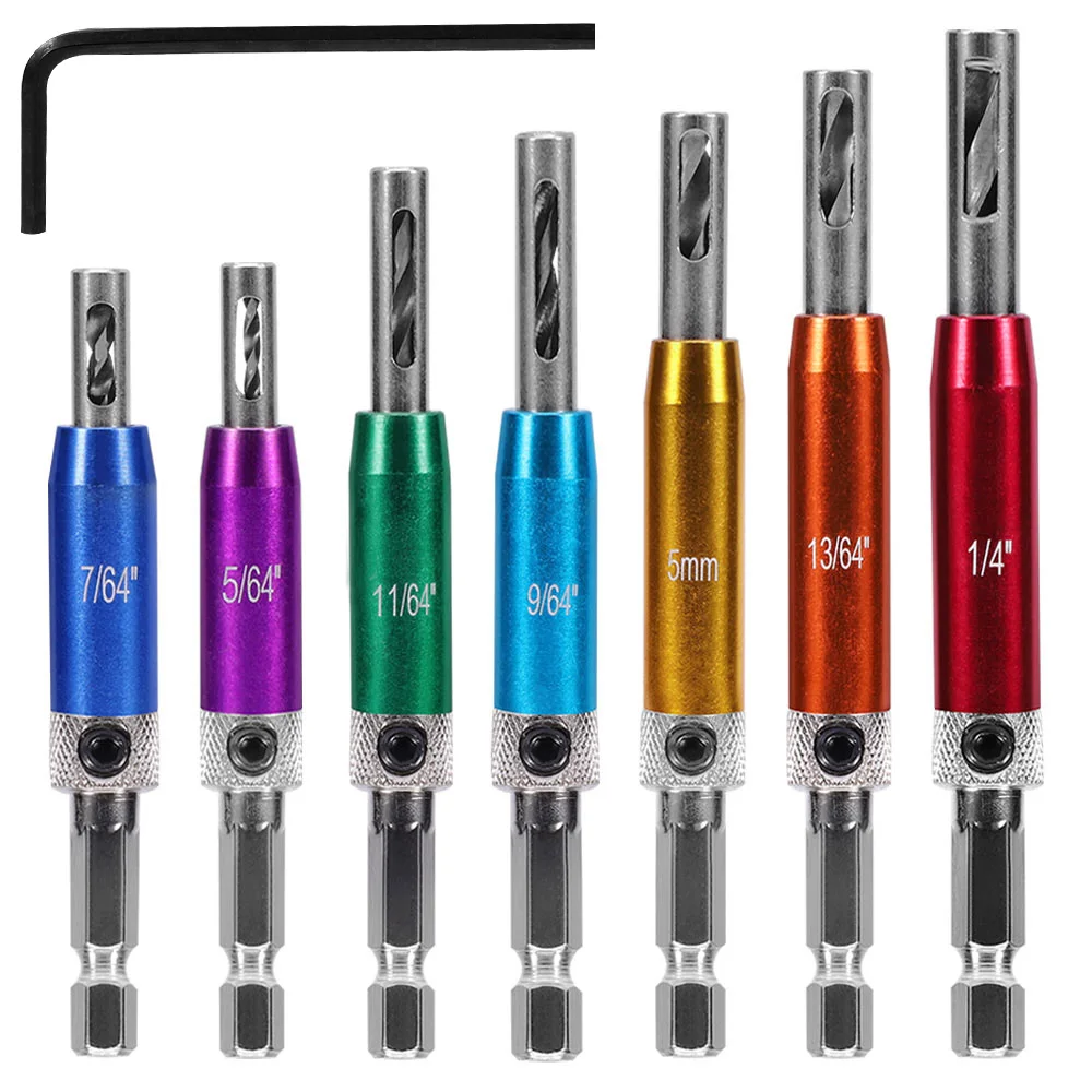 7PCs Self Centering Drill Bit Set Hex Shank Self Center Hinge Drill Bits Tool for Woodworking Window Door Hinge with 1 Hex Key