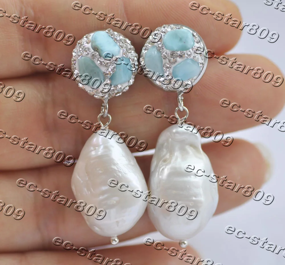 

Z11394 23mm White Baroque Keshi Reborn Pearl Aquamarine Dangle Earring CZ