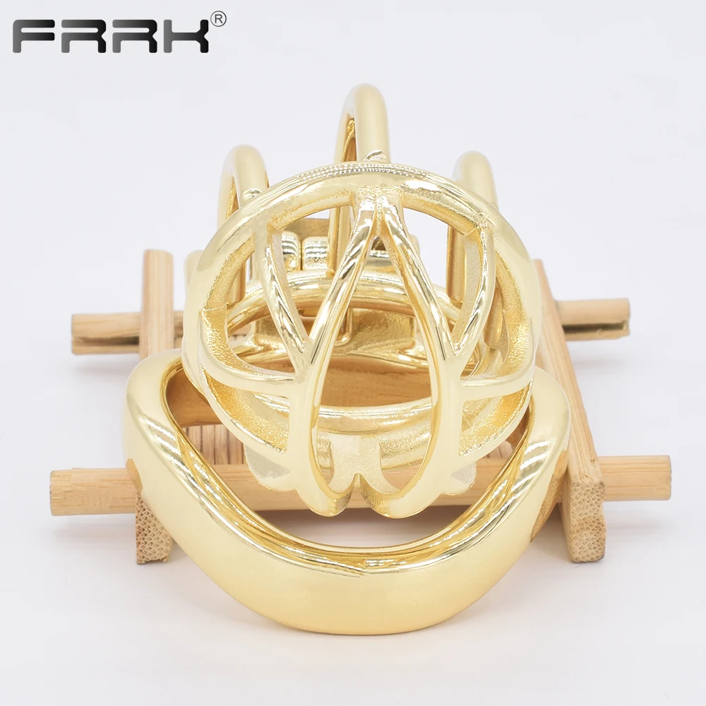 FRRK Gold Chastity Cage Metal Golden Male Bondage Belt Devices Steel Cock Ring Curve Penis Sleeve BDSM Lockable Sex Toys for Men