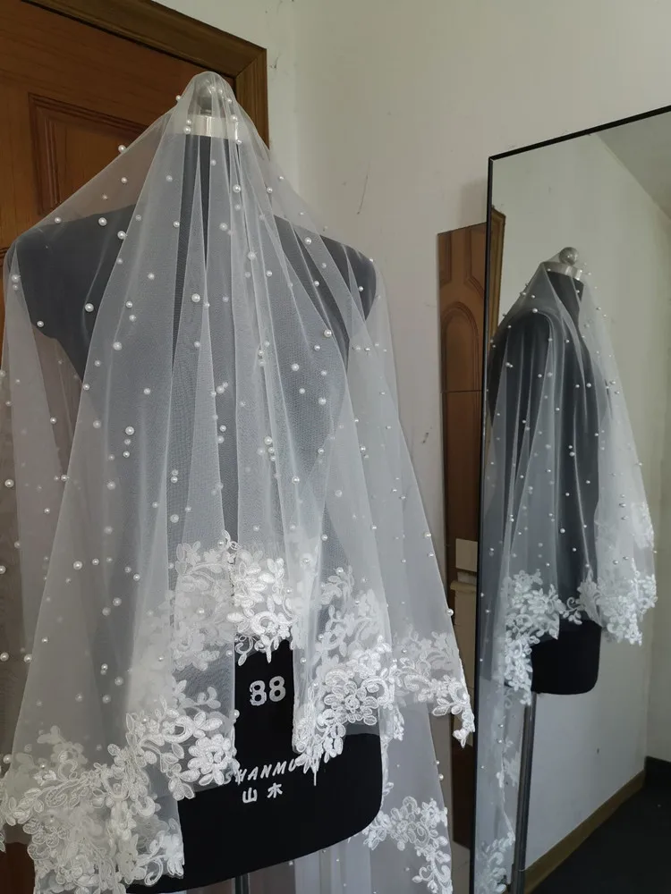 Echte Foto Wit Ivoor Bruiloft Sluier Lange Kanten Sluier Een Laag Kathedraal Royal Pearl Bridal Veils Bruiloft Accessoires