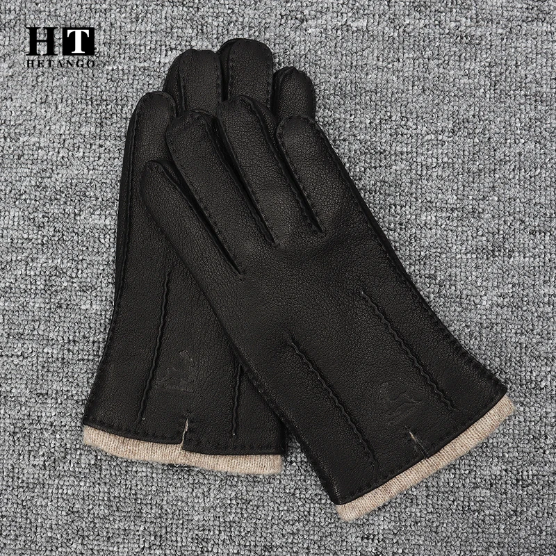 New Winter Men\'s Leather Gloves High-Grade Deerskin Hand-Sewn Warm Wear-Resistant Wave Pattern Cold-Proof Mitten 70% Wool Lining