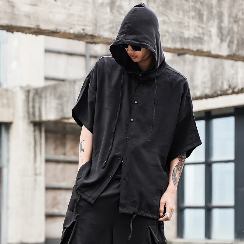 Men's new classic summer dark hooded drawstring shirt loose size casual short-sleeved shirt