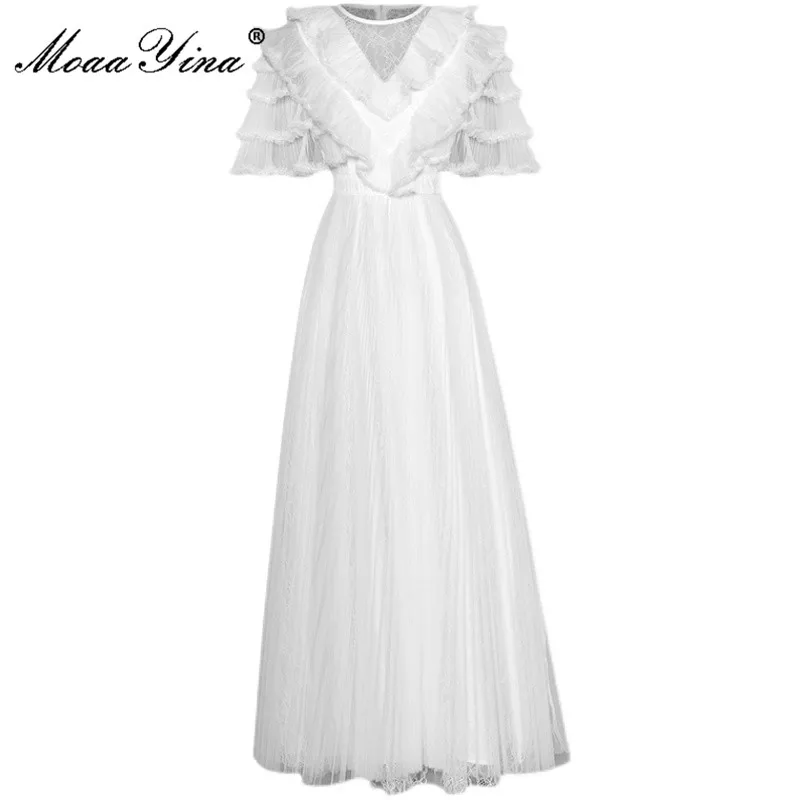 

MoaaYina Fashion Designer dress Summer Women Dress Round Neck Ruffle Sleeve Transparent Mesh Elegant White Ankle-Length Dress