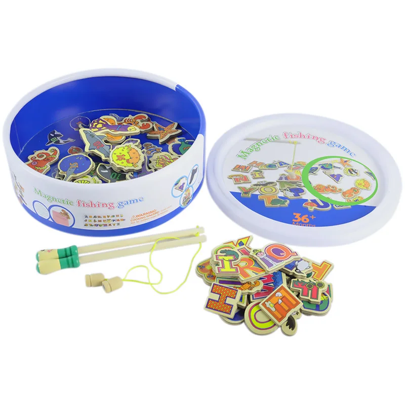 Kinder Frühe Bildung Requisiten Fische Und Alphabet 2 Angelruten Holz Kinder Spielzeug Fisch Magnetische Spielen Angeln Spiel Rund Box