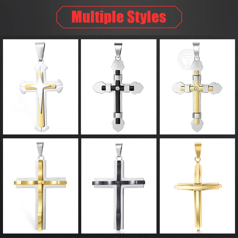 Davieslee 15 Styles Multi Layers Cross Pendant for Men Gold Black Silver Color Stainless Steel Clear CZ Trendy Jewelry LKPP1