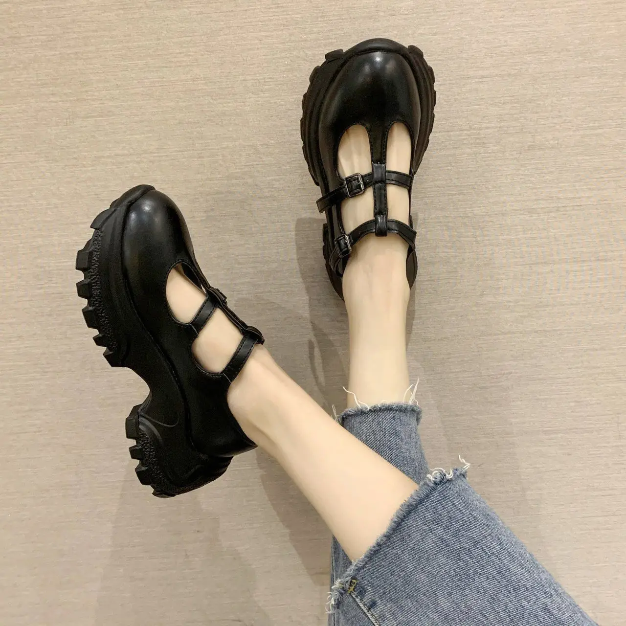 Sandals One-word Buckle Mary Jane Shoes Small Leather Shoes Lolita Shoes Japanese Style Women Shoes High Heel Platform Shoes