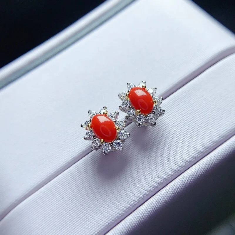 Jewelry Red Coral Stud Earring for Daily Wear 6*4mm Natural Precious Coral Earrings 925 Silver Red Coral Jewelry