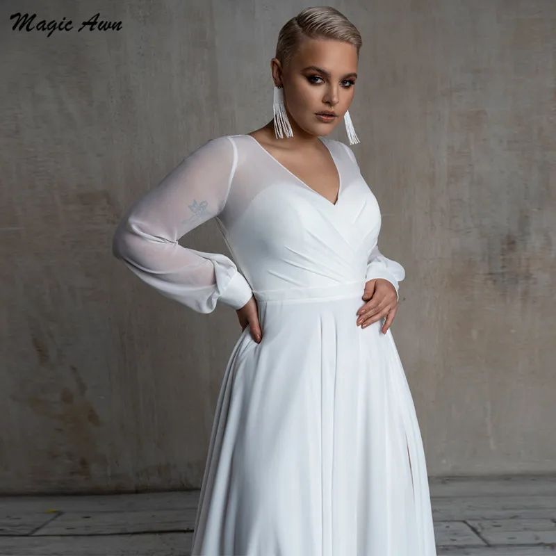 Magia awn branco plus size chiffon vestidos de casamento praia mangas completas lado dividir simples boho mariage vestidos novia