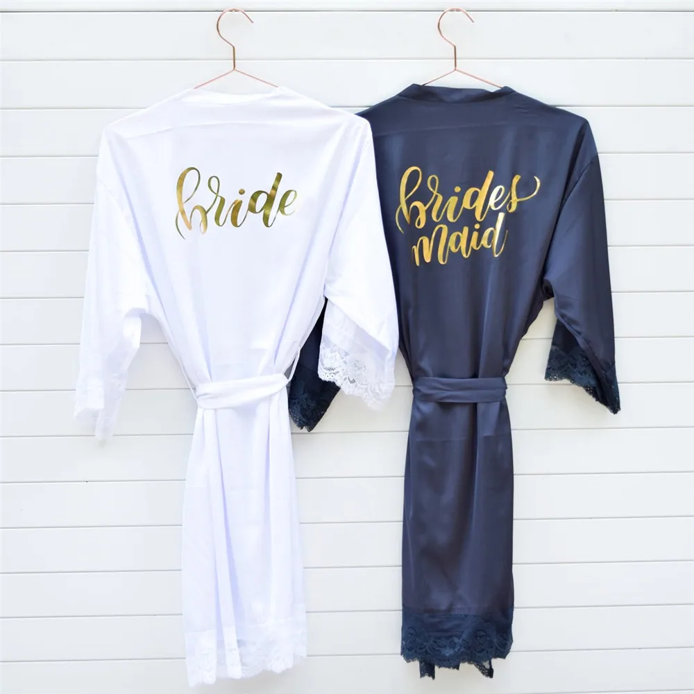 Personalized Satin Lace Bridesmaid Robes Set of Robes for Bridesmaid Tribe Bride Squad Custom Printed Wedding Day Bride Bathrobe