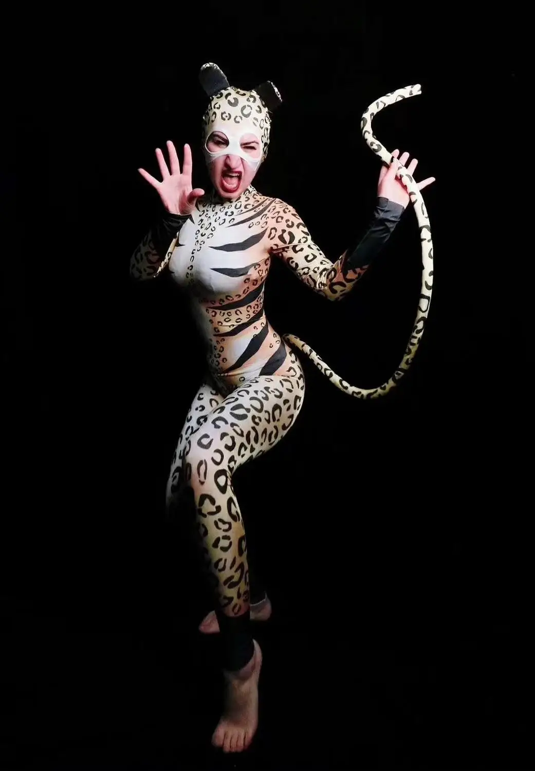 Women New Leopard Pattern Printing Cat Cosplay Jumpsuit Singer Bodysuit Stage Outfit Dance Prom Bar Model Show Outfit