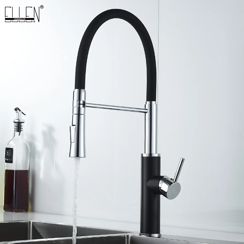 ELLEN Deck Mounted Pull Down Kitchen Faucet  Hot Cold Water Crane Mixer Kitchen Sink Faucets with Rubber Design ELJ8818