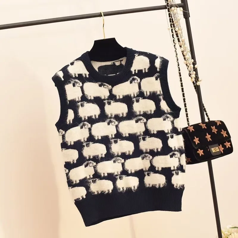 Autumn And Winter New Knitted Vest Women Sleeveless Round Neck Sweater Sheep Jacquard Korean Pullover Jacket Casual All-match