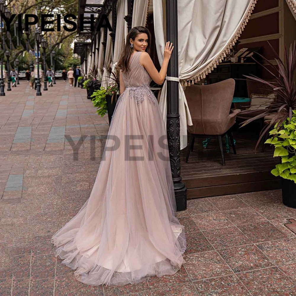 Gaun Malam Berpayet Applique Renda Tanpa Lengan Kerah V Rendah Gaun Pesta Prom Organza A-Line Vestido De VA Noiплате