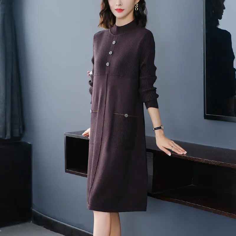 Slim Knitting Dress For Women Autumn 2024 New Casual Solid Half High Collar Pullover Button Pockets Knee-Length Bottom Clothes