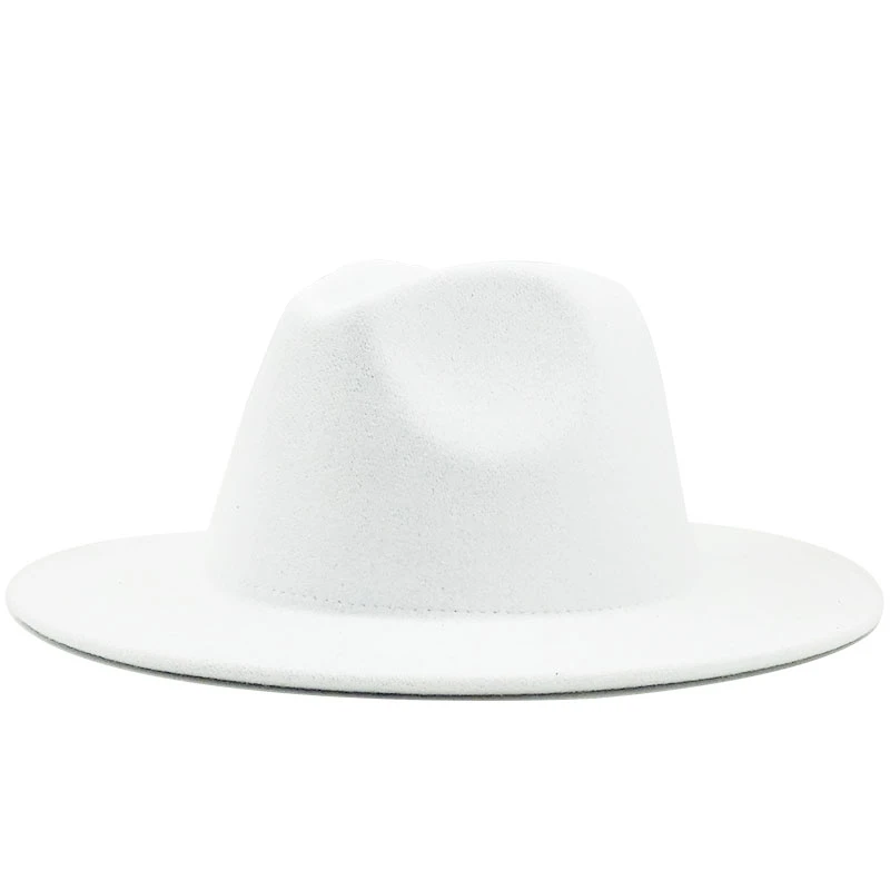 New Outer white Inner pink Wool Felt Jazz Fedora Hats with Thin Belt Buckle Men Women Wide Brim Panama Trilby Cap 56-58CM