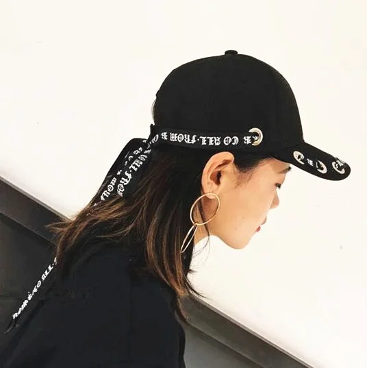 Punk  Personality Women's hip hop baseball caps British Strings Rings Long belt letter snapbacks hat Dance caps