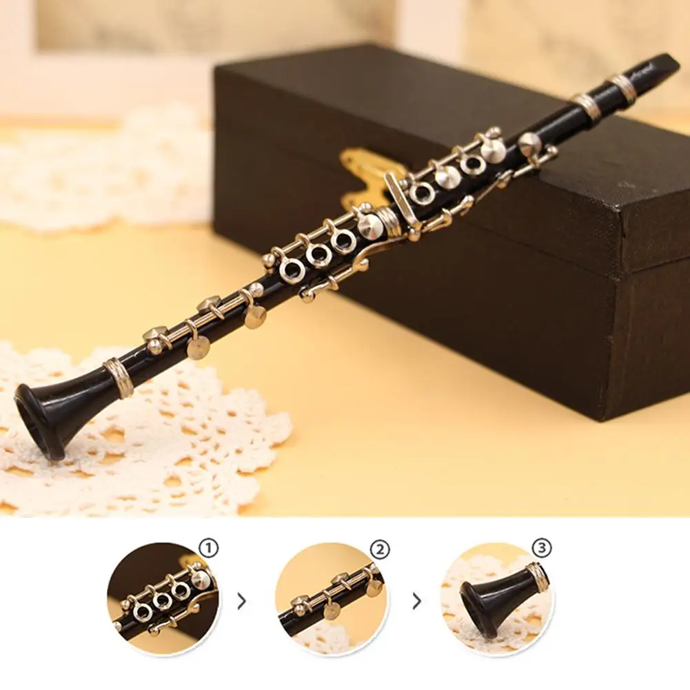 Clarinet Model Mini Clarinet Flute Display Model Ornament Musical Instrument Miniature Desk Decor with Black Leather Box Bracket