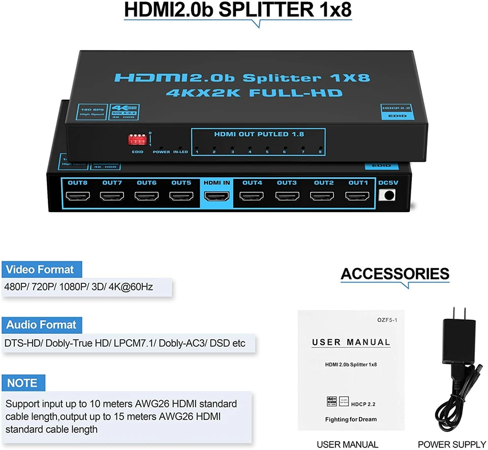 Navceker rozdzielacz HDMI 1x2 1x4 1x8 4K rozdzielacz HDMI 1 w 2 2 Port HDMI wzmacniacz HDMI rozdzielacz kabli 2.0 dla PS4 PS5 Xbox