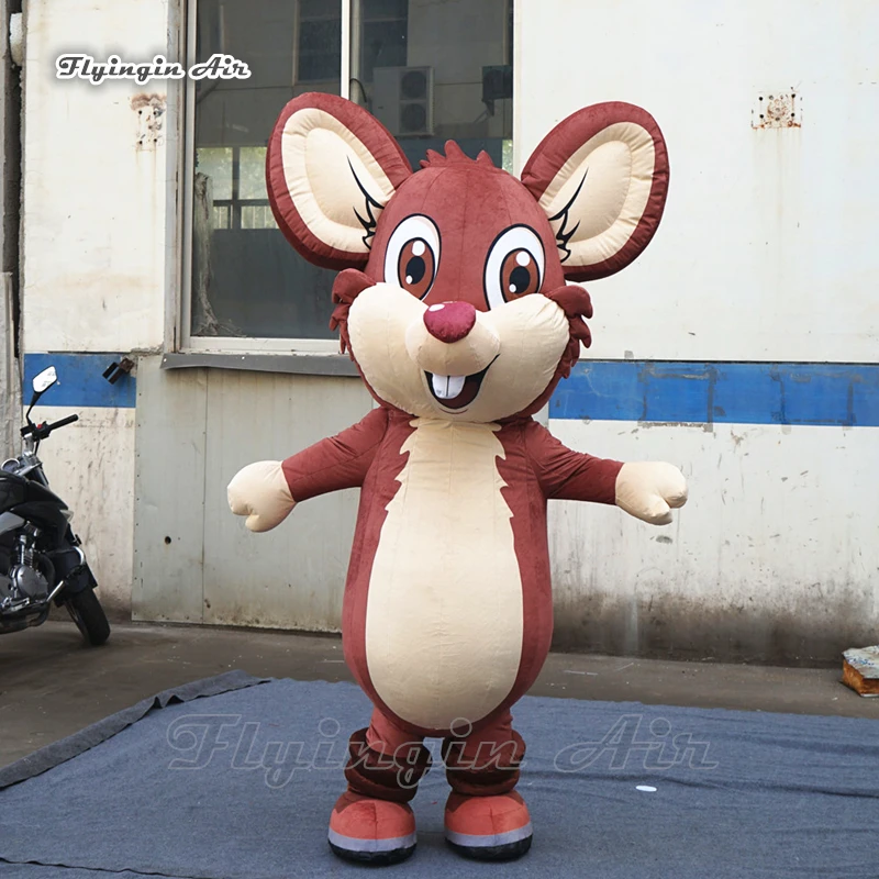 

Cute Walking Inflatable Mouse Costume 2m Funny Brown Plush Blow Up Cartoon Squirrel Suit With White Tooth For Advertising Show