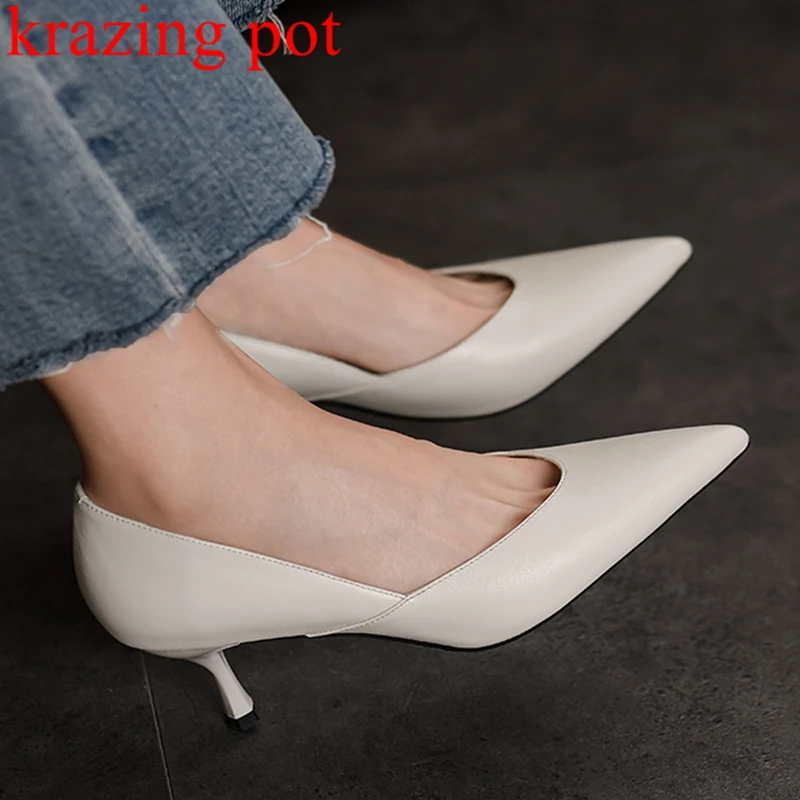 Krazing Pot Cow Leather Pointed Toe Stiletto Thin High Heels Wedding Dating Basic Clothing Chic Elegant Shallow Women Pumps Ins